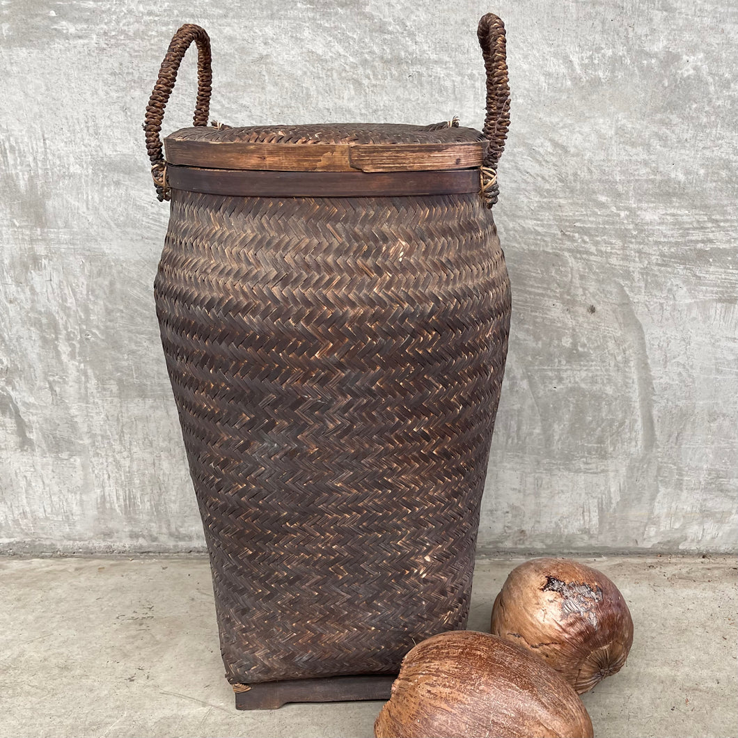 Tall Vintage Brown Basket With Lid
